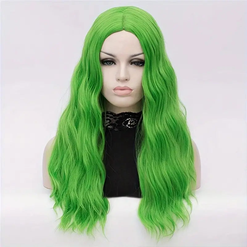 Chic Long Curly Wavy Synthetic Wig - Heat Resistant, Green Net Cap