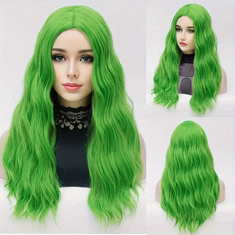 Chic Long Curly Wavy Synthetic Wig - Heat Resistant, Green Net Cap