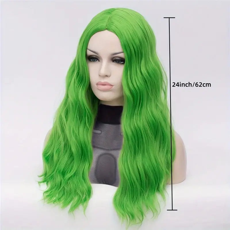 Chic Long Curly Wavy Synthetic Wig - Heat Resistant, Green Net Cap