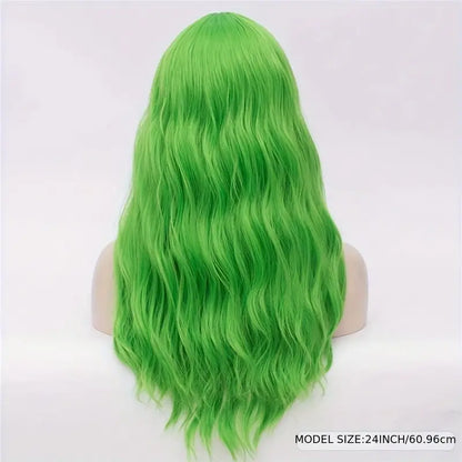 Chic Long Curly Wavy Synthetic Wig - Heat Resistant, Green Net Cap