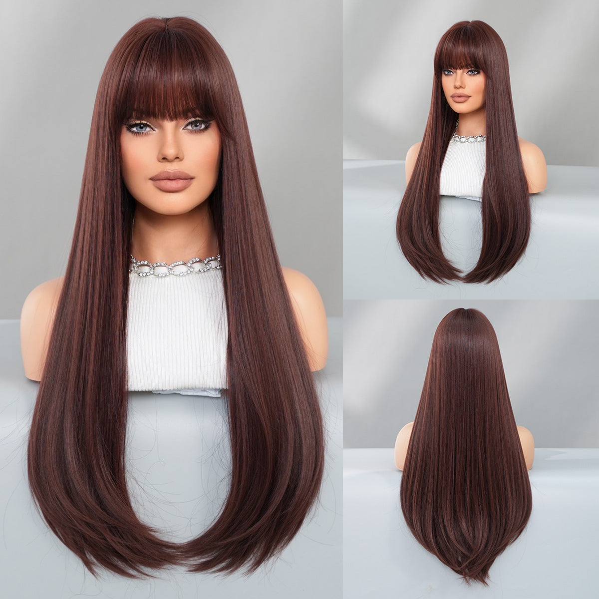 Chic Mocha Brown Long Straight Wig with Bangs