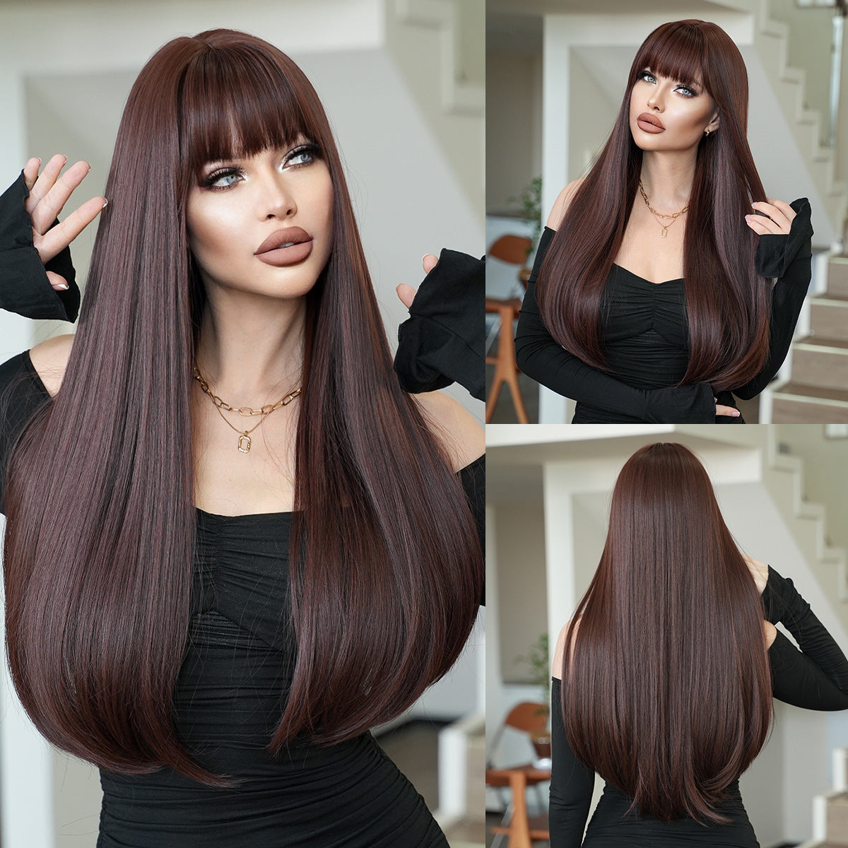 Chic Mocha Brown Long Straight Wig with Bangs