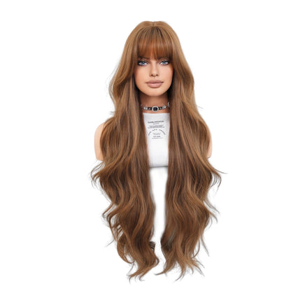 Cross-Border Honey Tea Brown Wig for Women - Long Wavy Curly Hair with Bangs