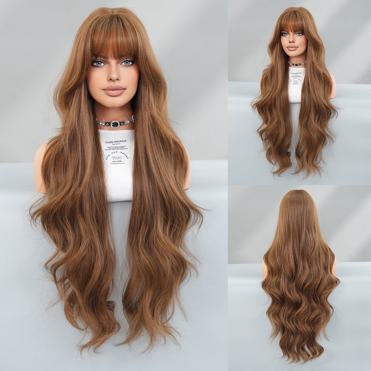 Cross-Border Honey Tea Brown Wig for Women - Long Wavy Curly Hair with Bangs