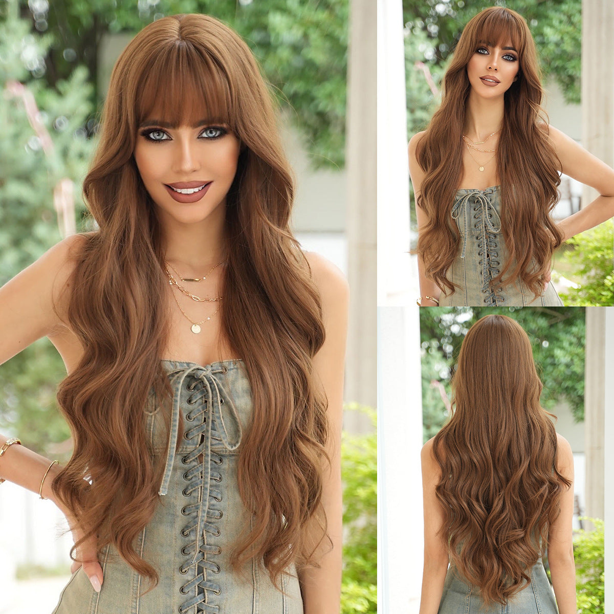 Cross-Border Honey Tea Brown Wig for Women - Long Wavy Curly Hair with Bangs