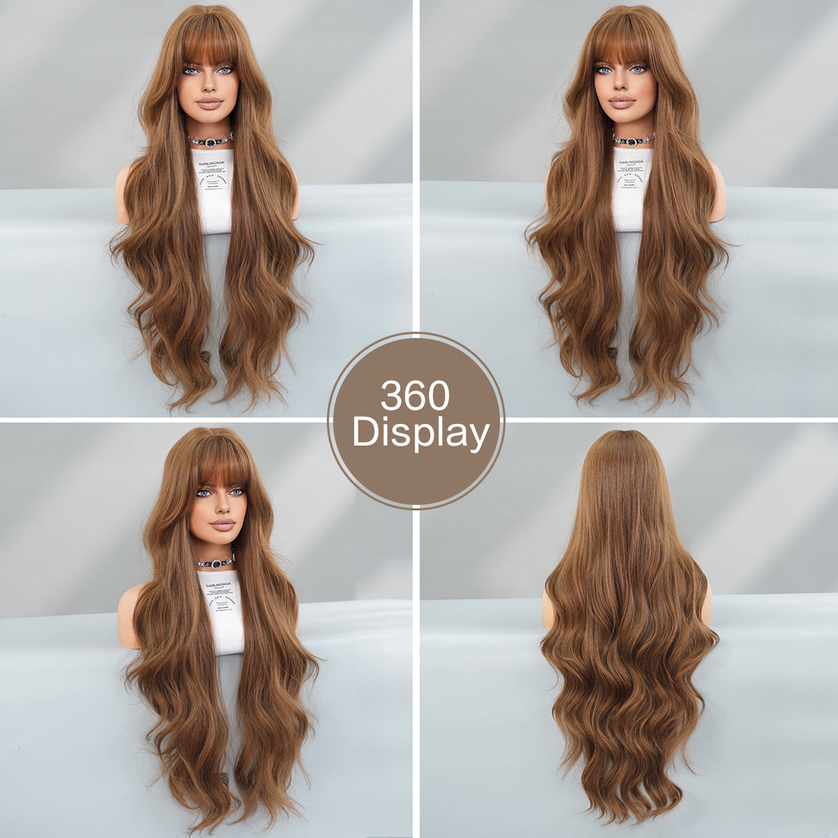 Cross-Border Honey Tea Brown Wig for Women - Long Wavy Curly Hair with Bangs