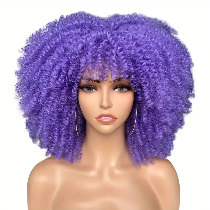 Curly Wig with Bangs for Women – 16 Inch Purple Kinky Curly Wig