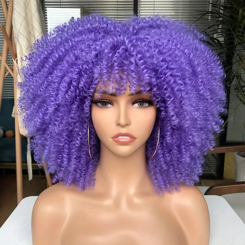 Curly Wig with Bangs for Women – 16 Inch Purple Kinky Curly Wig