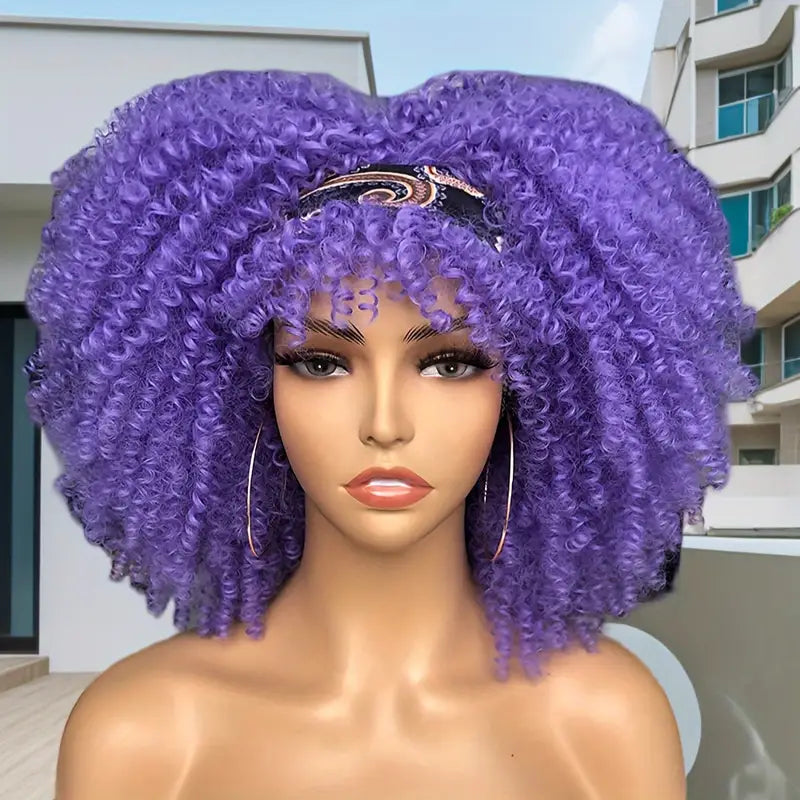 Curly Wig with Bangs for Women – 16 Inch Purple Kinky Curly Wig