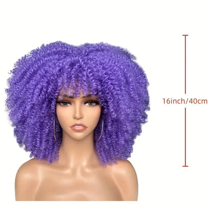 Curly Wig with Bangs for Women – 16 Inch Purple Kinky Curly Wig