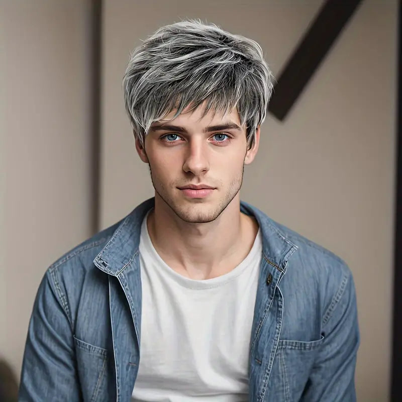 Elegant Silvery Gray Men's Wig - Short, Breathable & Comfortable