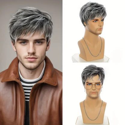 Elegant Silvery Gray Men's Wig - Short, Breathable & Comfortable