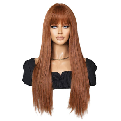 European and American Fashion Women’s Wig - Caramel Brown, Long Straight with Bangs