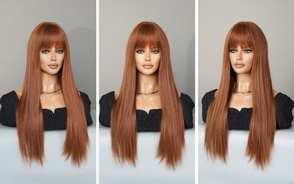 European and American Fashion Women’s Wig - Caramel Brown, Long Straight with Bangs