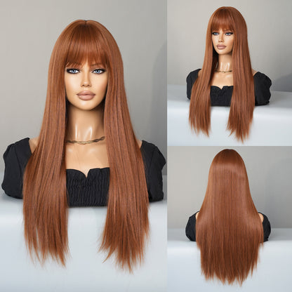 European and American Fashion Women’s Wig - Caramel Brown, Long Straight with Bangs