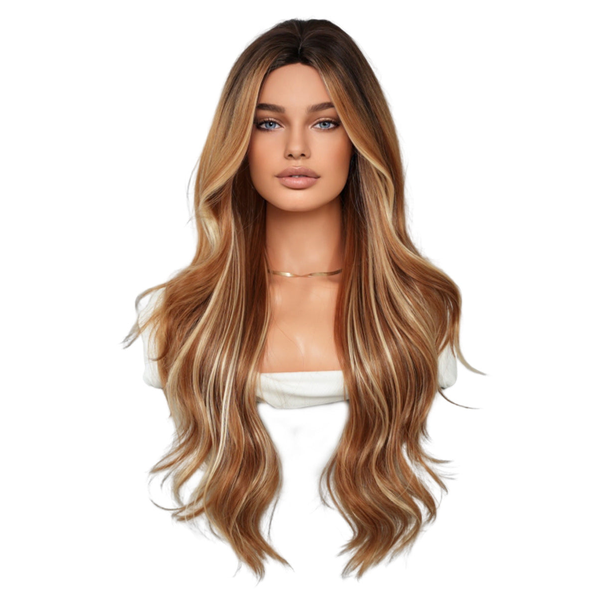 European and American Long Curly Amber Brown Wig, Synthetic Fiber, Middle Parting