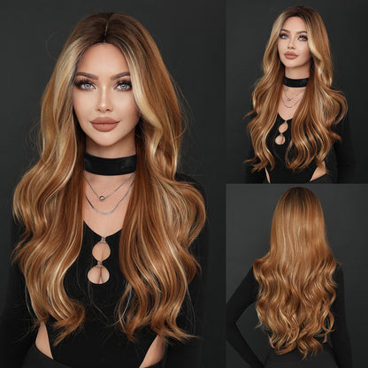 European and American Long Curly Amber Brown Wig, Synthetic Fiber, Middle Parting