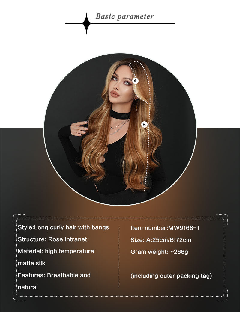 European and American Long Curly Amber Brown Wig, Synthetic Fiber, Middle Parting