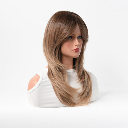 European and American Style Brown Gradient Long Curly Wig with Eight-Character Bangs