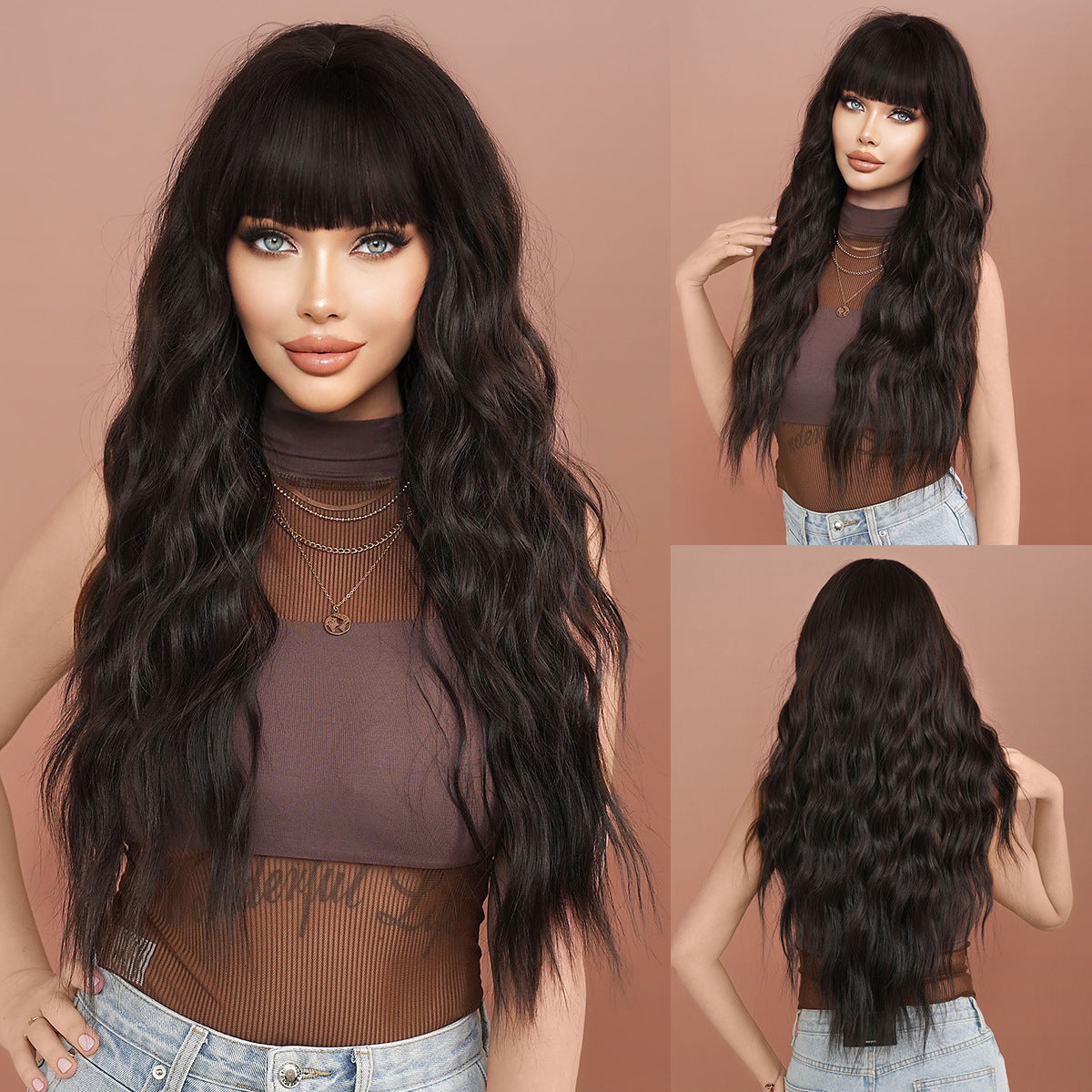 European and American Style Synthetic Wig - Long, Wavy, Natural Black