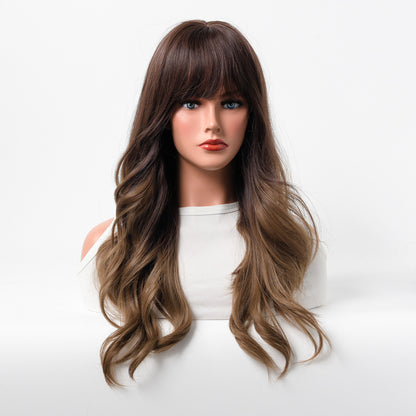 Fashionable wig with wavy bangs and long curly brown wig