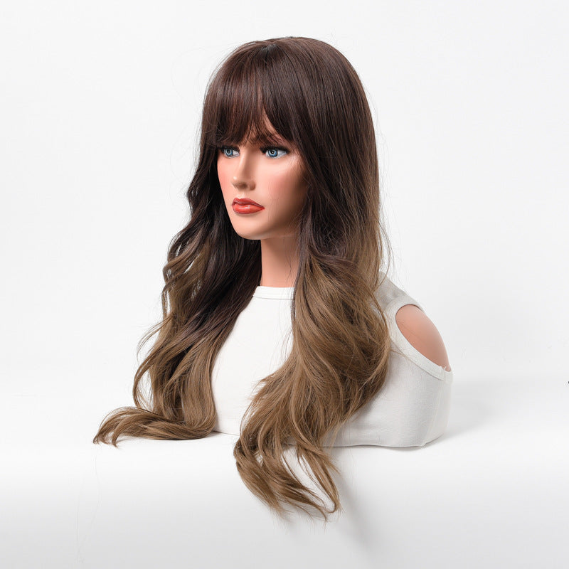 Fashionable wig with wavy bangs and long curly brown wig