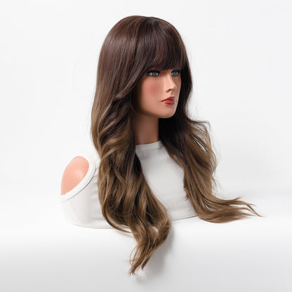 Fashionable wig with wavy bangs and long curly brown wig