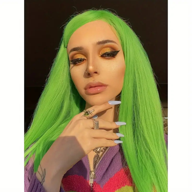 Fluorescent Green Long Straight Wig with Side Bangs