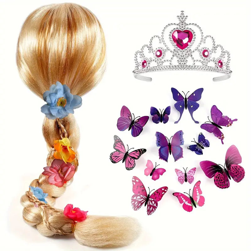 Girls' Enchanting Blonde Princess Wig with Tiara, Flower & Butterfly Pins