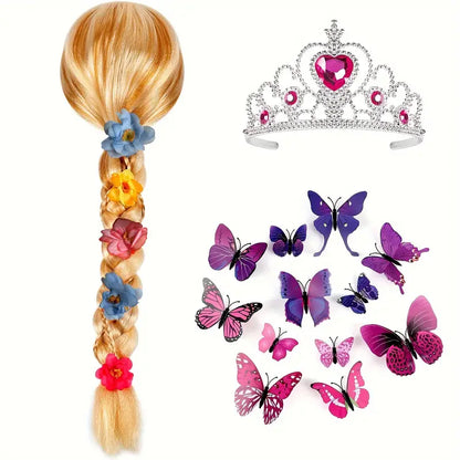 Girls' Enchanting Blonde Princess Wig with Tiara, Flower & Butterfly Pins