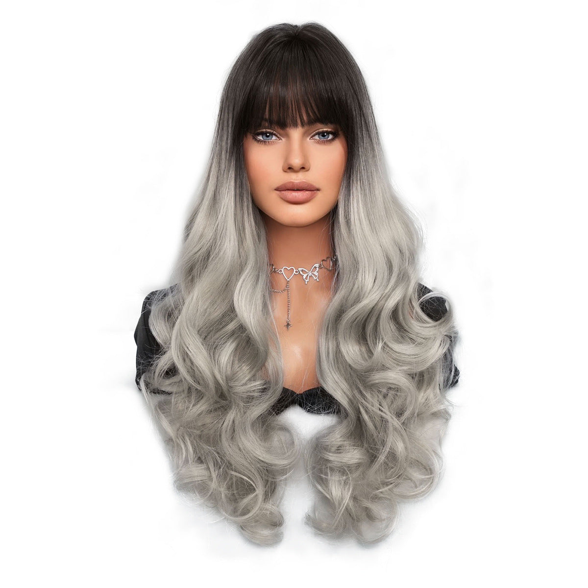 Gradient Silver Gray Long Curly Wig for Women