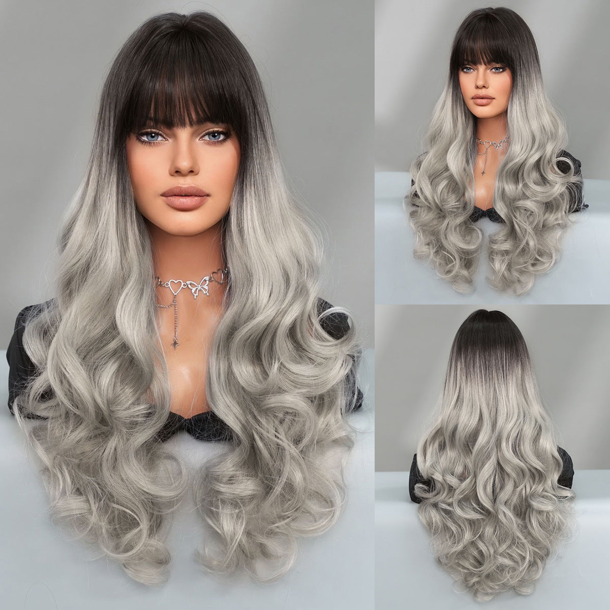 Gradient Silver Gray Long Curly Wig for Women