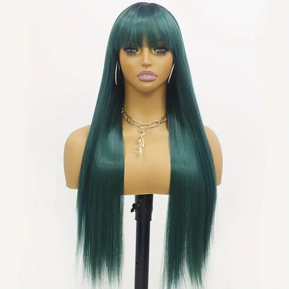 Green Wig with Bangs - Long Straight Glueless Synthetic Hair