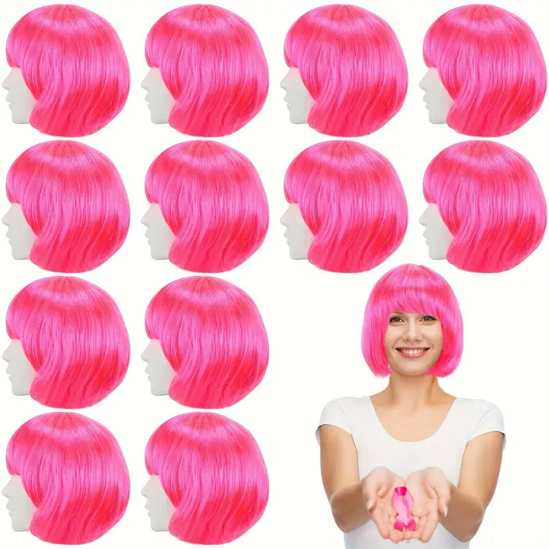 Hot Pink Bob Wigs - 12-Piece Pack for Women