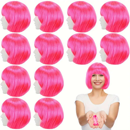 Hot Pink Bob Wigs - 12-Piece Pack for Women