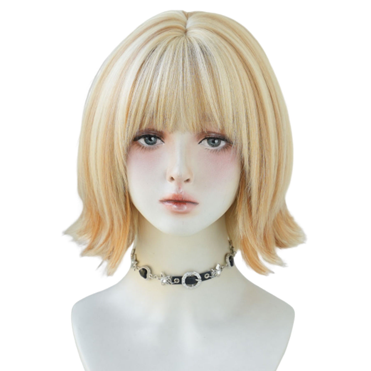 Light Brown Short Bob Wig with White Highlights - Straight Synthetic Hair