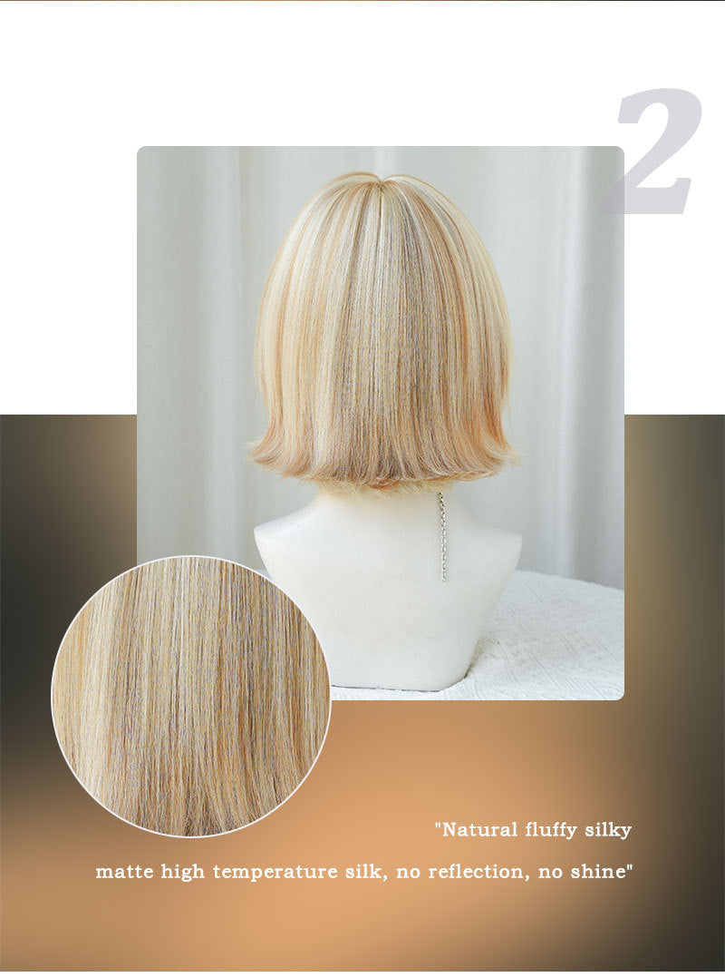 Light Brown Short Bob Wig with White Highlights - Straight Synthetic Hair