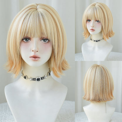 Light Brown Short Bob Wig with White Highlights - Straight Synthetic Hair