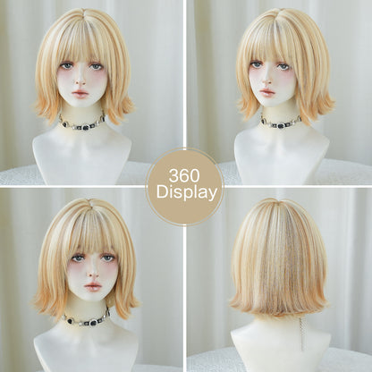 Light Brown Short Bob Wig with White Highlights - Straight Synthetic Hair