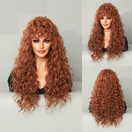 Long Blonde Red Curly Wig with Bangs – Heat Resistant Synthetic Afro Wig