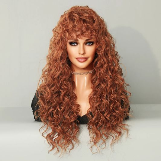 Long Blonde Red Curly Wig with Bangs – Heat Resistant Synthetic Afro Wig