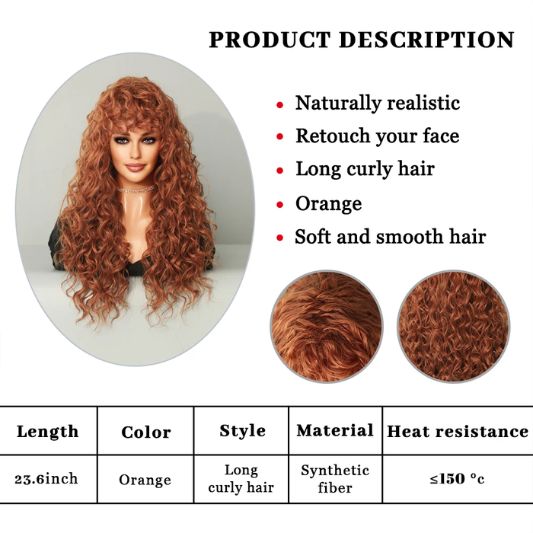 Long Blonde Red Curly Wig with Bangs – Heat Resistant Synthetic Afro Wig