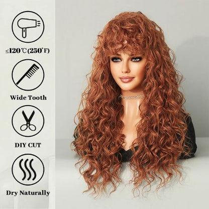 Long Blonde Red Curly Wig with Bangs – Heat Resistant Synthetic Afro Wig