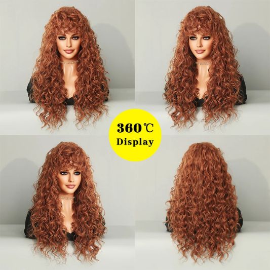 Long Blonde Red Curly Wig with Bangs – Heat Resistant Synthetic Afro Wig