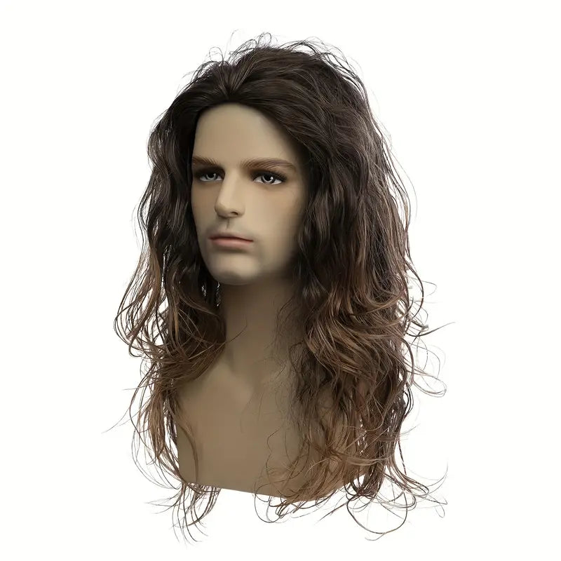 Long Curly Brown Synthetic Wig for Men – Perfect for Halloween Parties