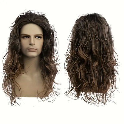 Long Curly Brown Synthetic Wig for Men – Perfect for Halloween Parties