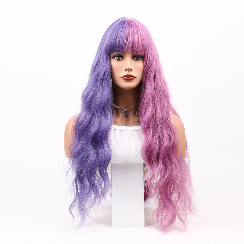 Long Pink-Purple Ombre Wavy Wig with Air Bangs