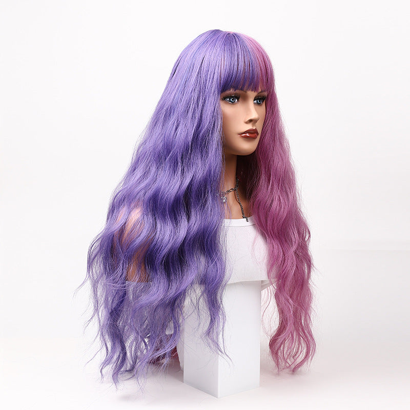 Long Pink-Purple Ombre Wavy Wig with Air Bangs