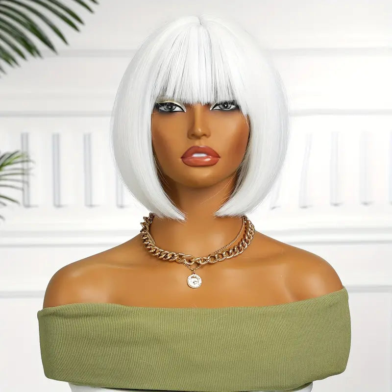 Luxury White Bob Wig with Straight Bangs - Perfect for Everyday Wear