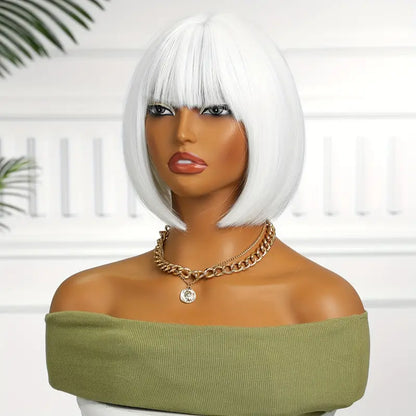 Luxury White Bob Wig with Straight Bangs - Perfect for Everyday Wear